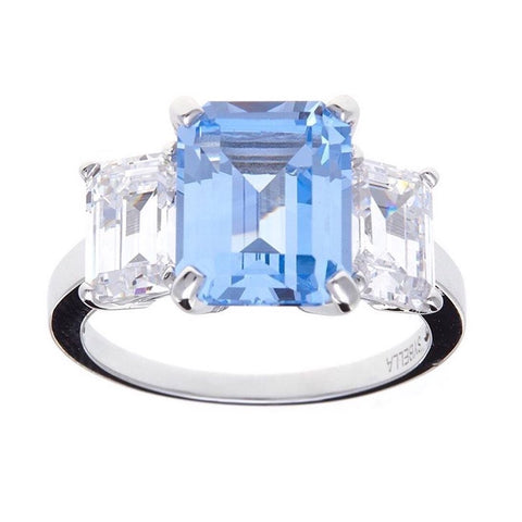 Aqua blue and white cubic zirconia and sterling silver ring
