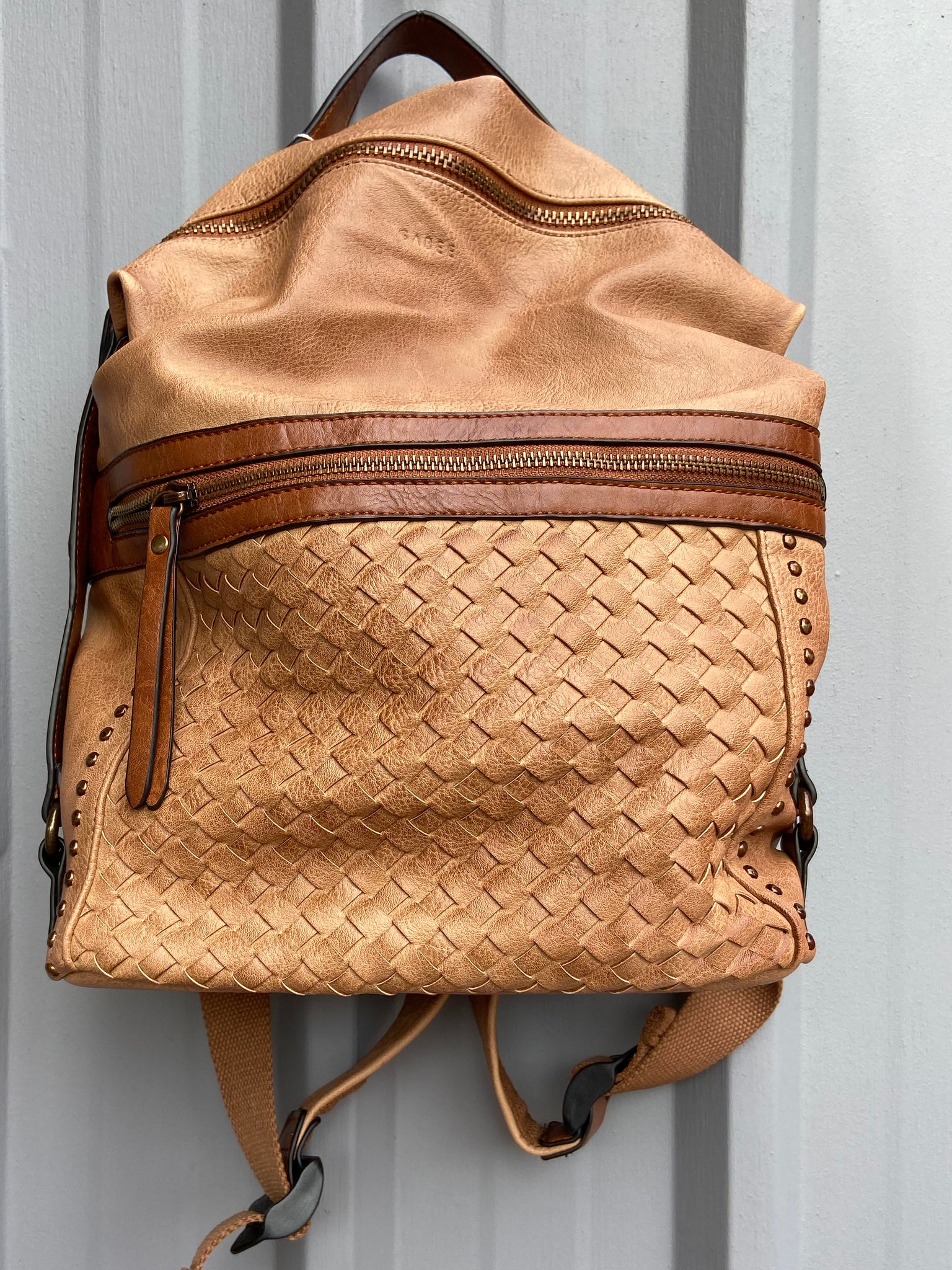 Vegan Leather Woven Backpack-Tan