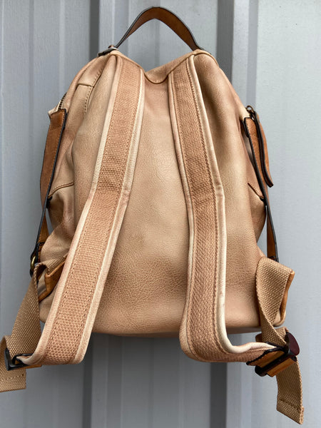 Vegan Leather Woven Backpack-Camel