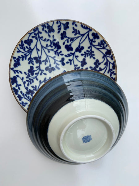 Japanese Floral Blue/Cream Bowl- Large