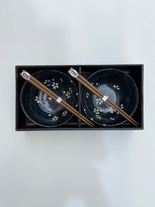 Japanese Charcoal Blossom Bowl and Chopstick Set