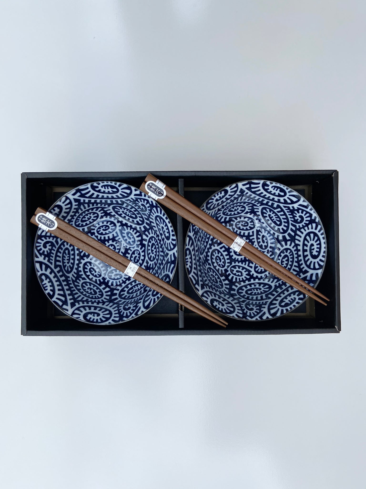 Japanese Navy/White Patterned Bowl and Chopstick Set