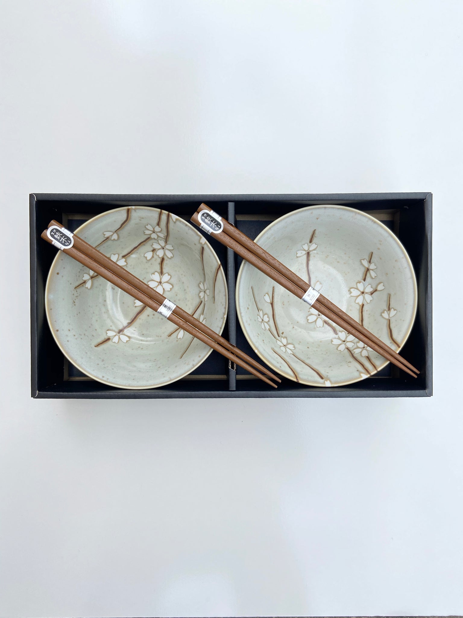 Japanese Light Grey/White Blossom Bowl and Chopstick Set