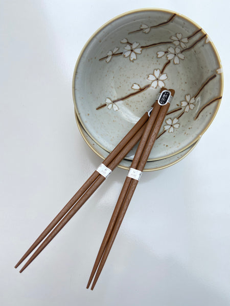 Japanese Light Grey/White Blossom Bowl and Chopstick Set