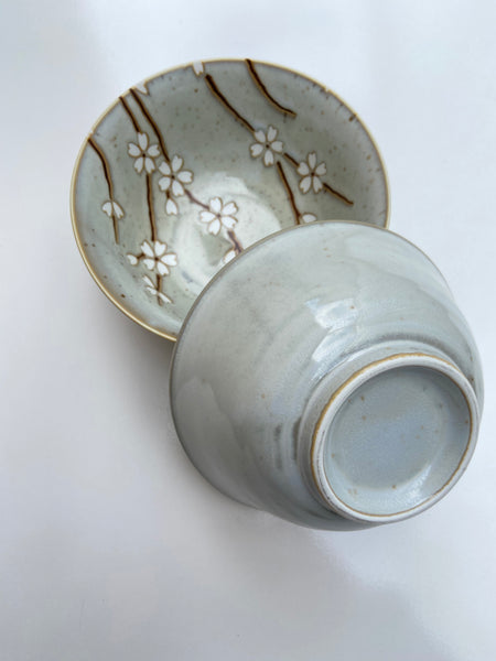 Japanese Light Grey/White Blossom Bowl and Chopstick Set